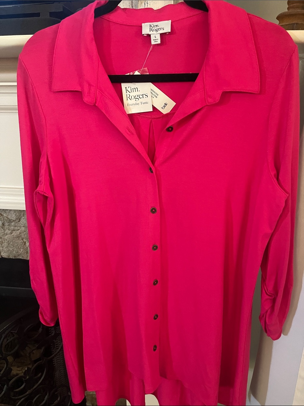 Kim Rogers Bright Fuchsia Button-Front Tunic Shirt -LARGE - NWT